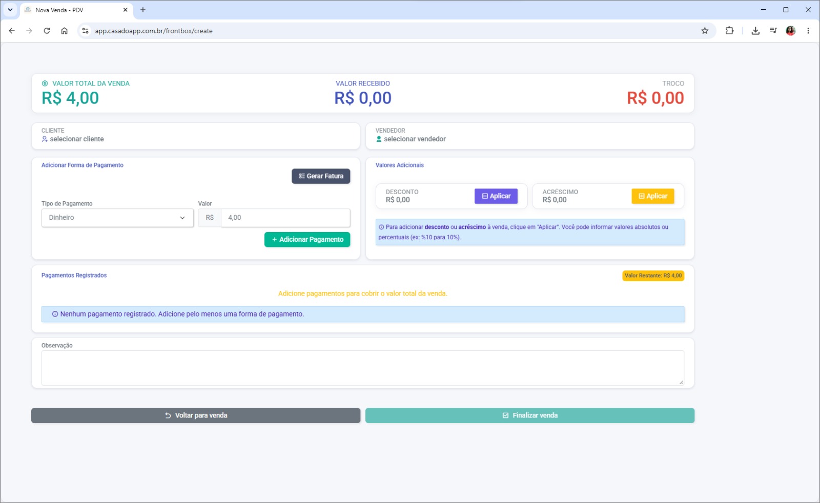 Fechamento de venda e seleção de formas de pagamento